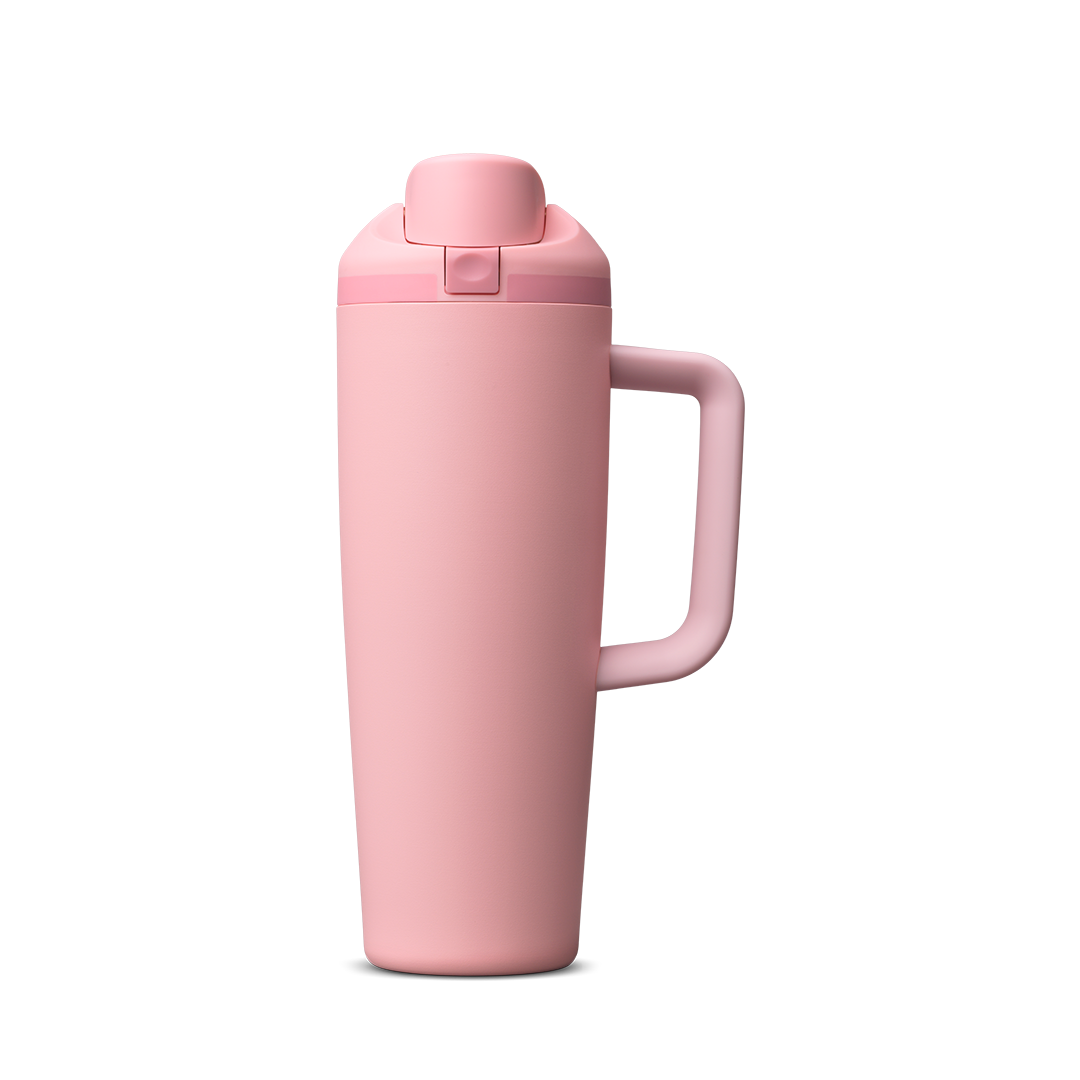 FreeSip Tumbler 30oz, soft rose pink body with matching pink lid and handle